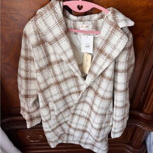 Plaid Wool-Blend Peacoat in Cream and Brown